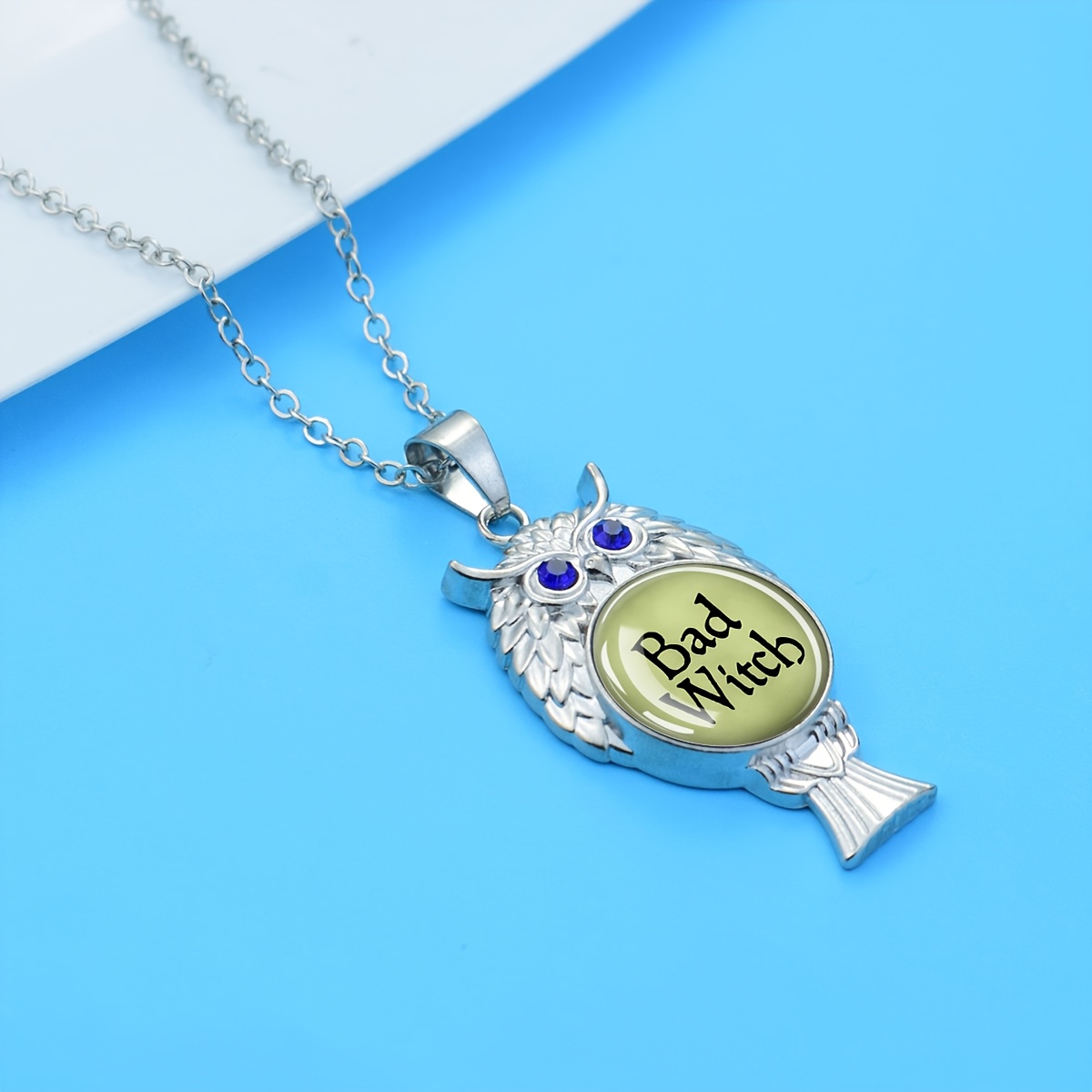 Owl Pendant Necklace with Bad Witch Text Design, Halloween Gift